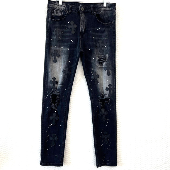 Waimea Other - Waimea Black Paint Splatter Distressed Cross Patch Skinny Fit Jeans Mens Size 34